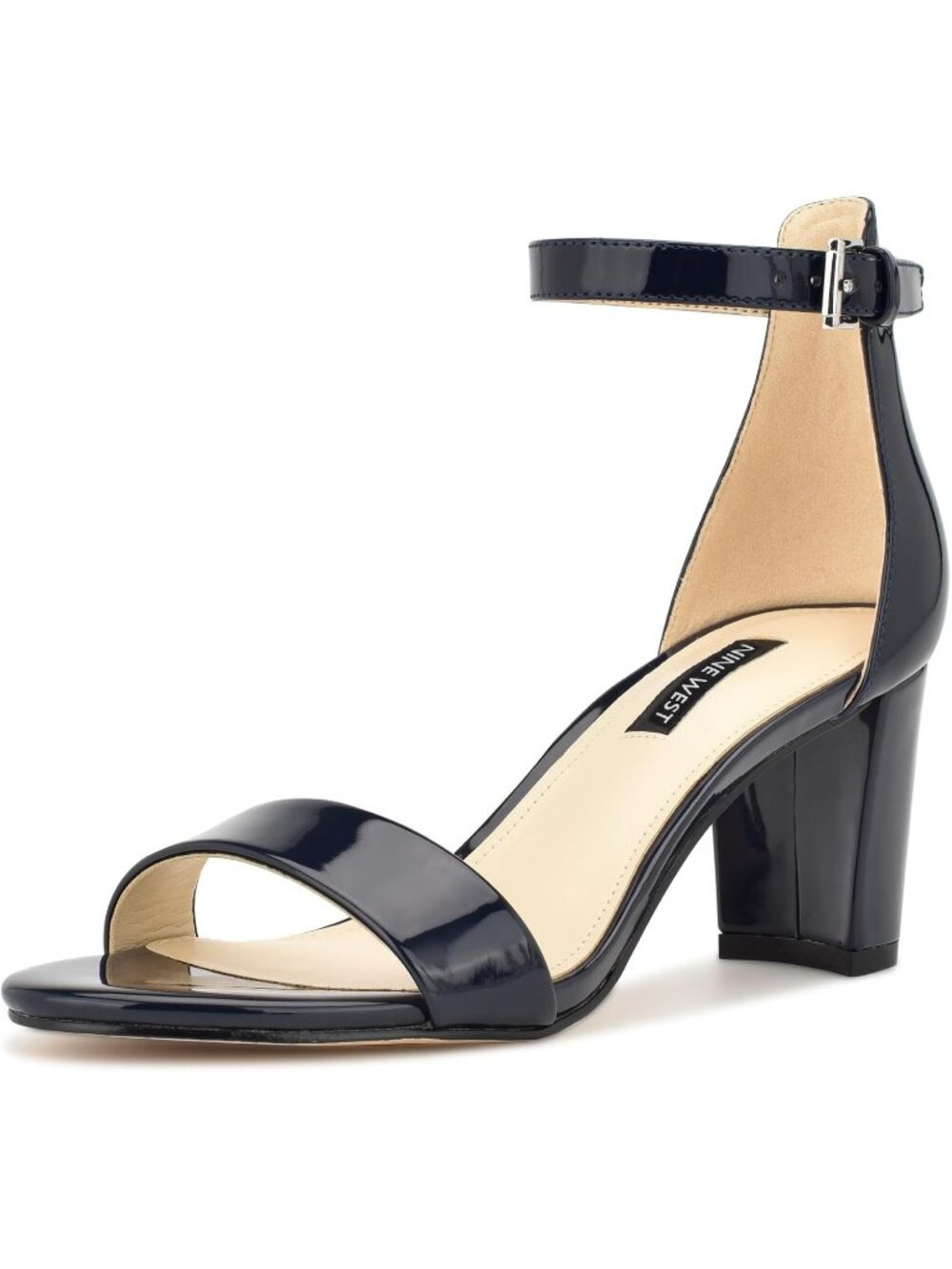Women's Navy Blue Patent Round Toe Ankle Strap Wnpruce Block Heeled Sandal Shoes